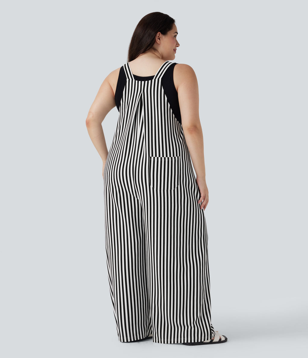 Plus Size Stripe Waffle Overalls with Pockets