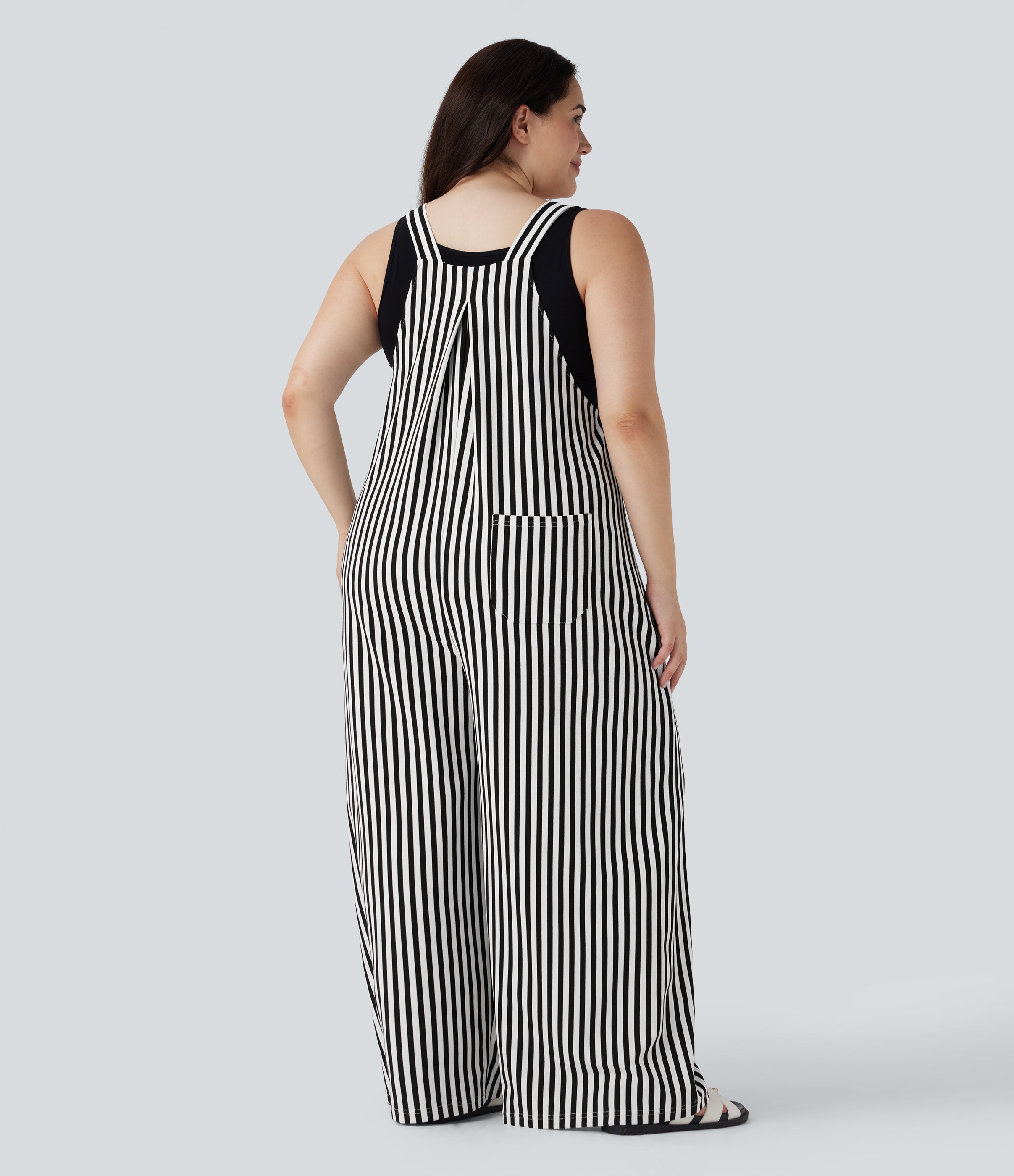 Plus Size Stripe Waffle Overalls with Pockets