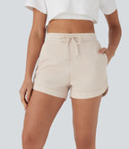 High Waisted Drawstring Contrast Mesh Curved Hem Yoga Shorts with Pockets