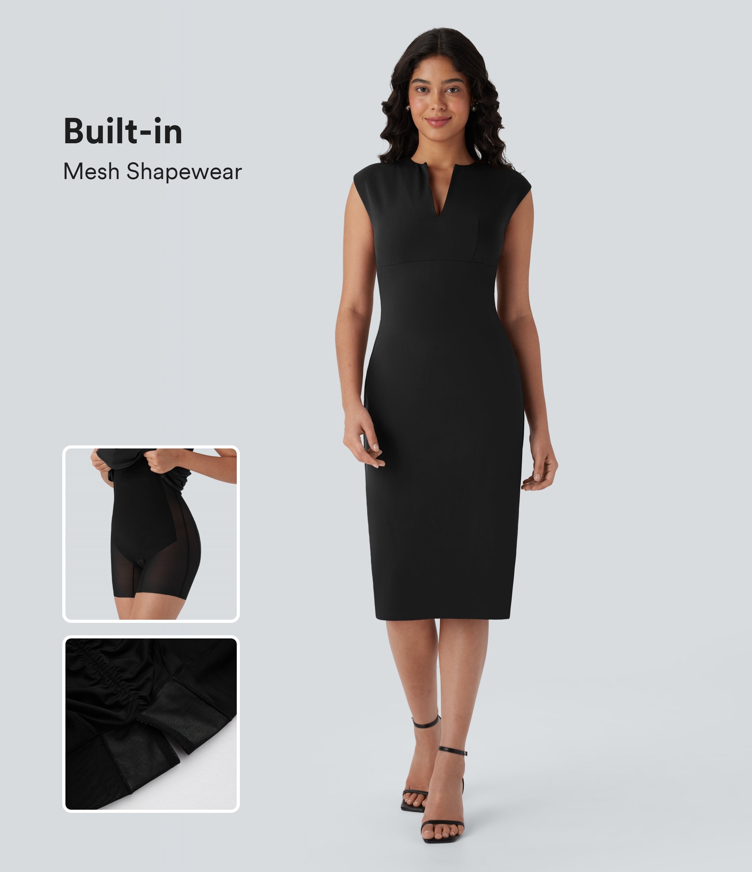 V-neck Zipper Bodycon Midi Work Built-in Mesh Shapewear Dress