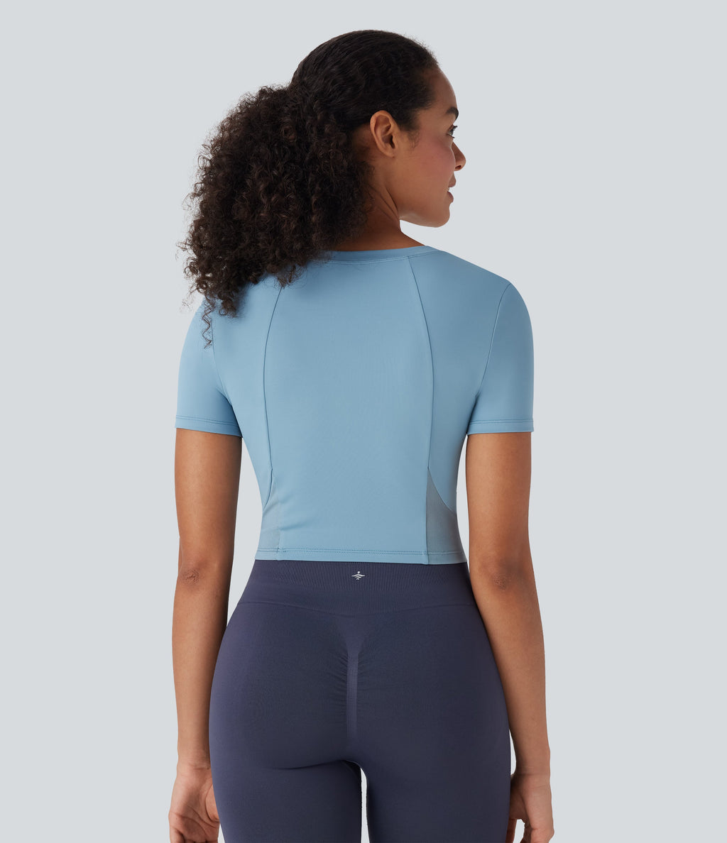 Round Neck Short Sleeve Contrast Mesh Cropped Yoga Sports Top