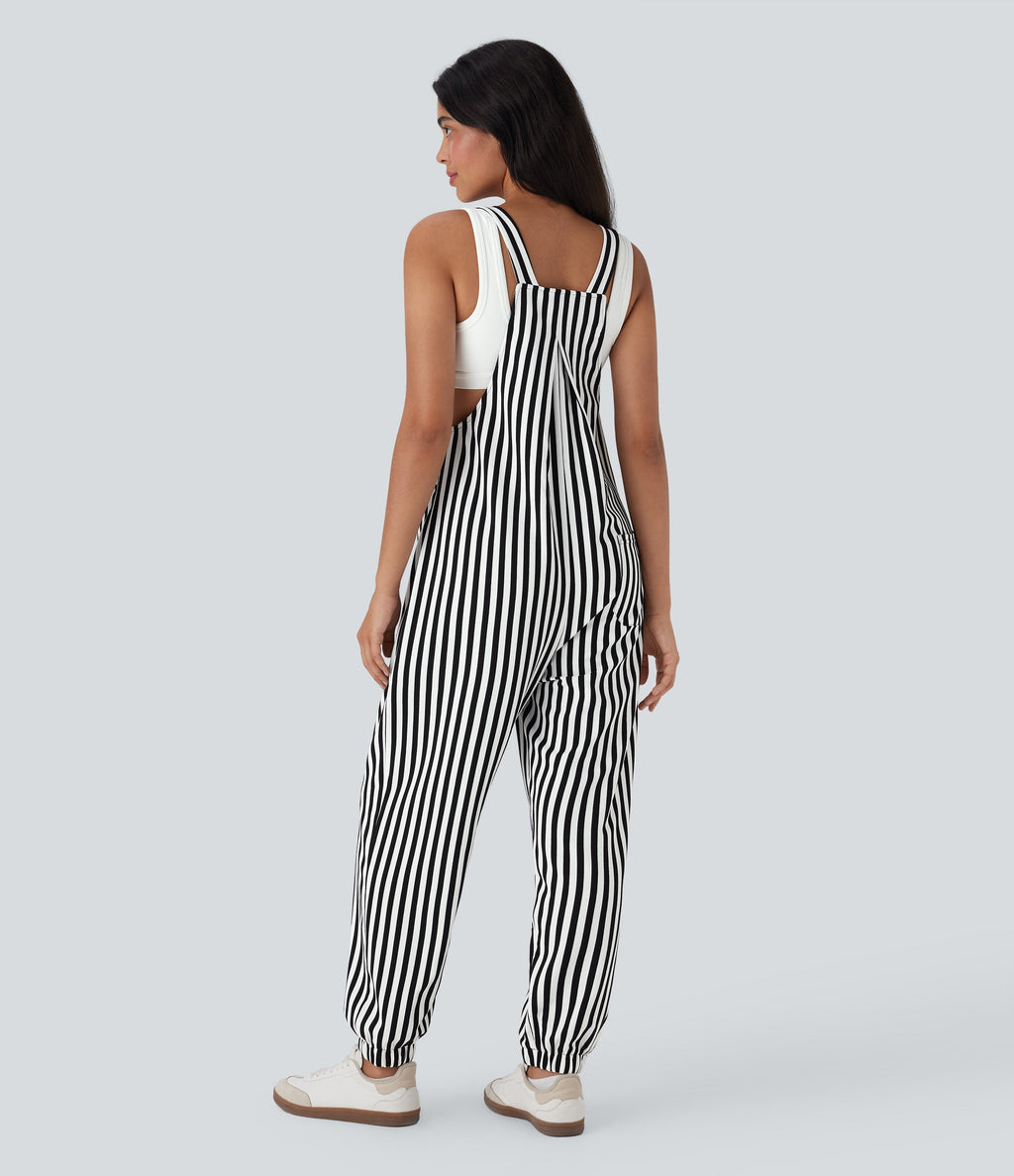 Stripe Waffle Jogger Overalls with Pockets