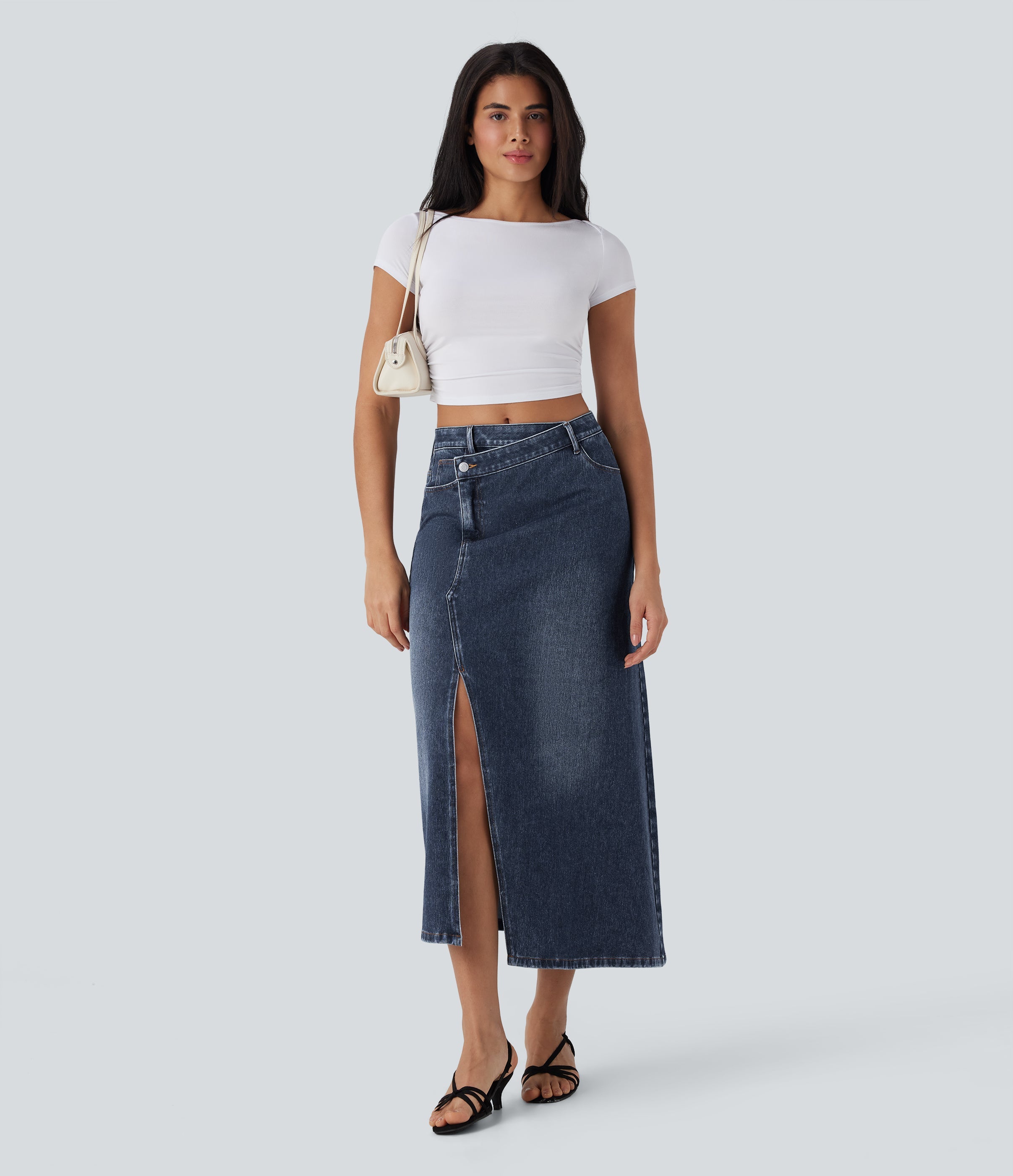 FlexTM Asymmetric Mid Rise Denim Maxi Casual Skirt with Pockets