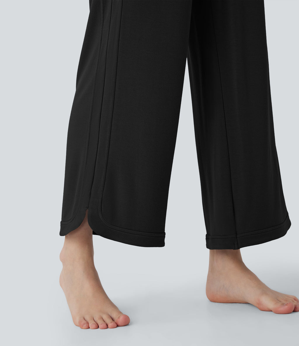 High Waisted Drawstring Curved Hem Straight Leg Yoga Pants with Pockets