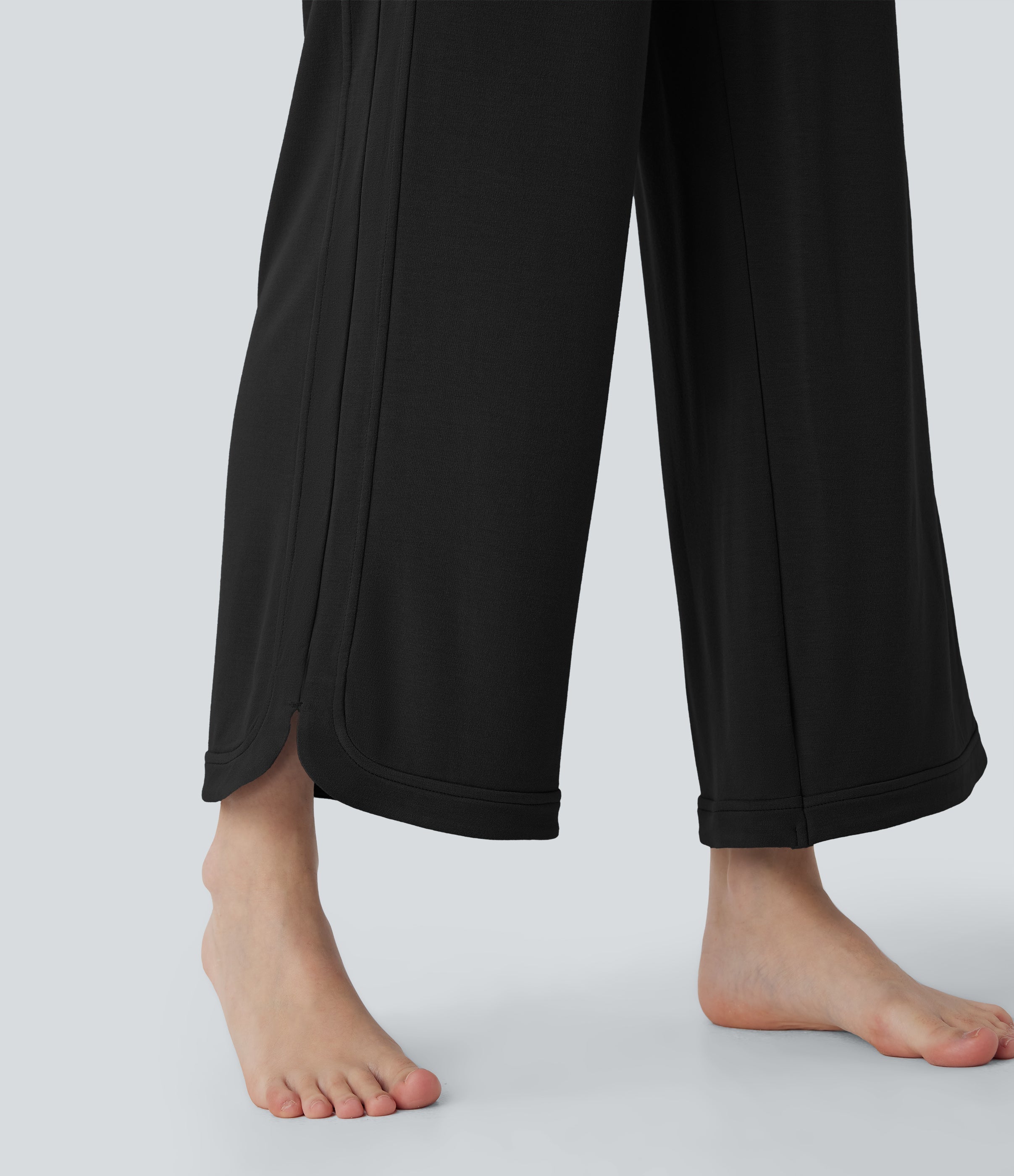 High Waisted Drawstring Curved Hem Straight Leg Yoga Pants with Pockets