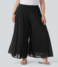 Plus Size High Waisted Mesh Overlay Wide Leg Casual Pants with Pockets