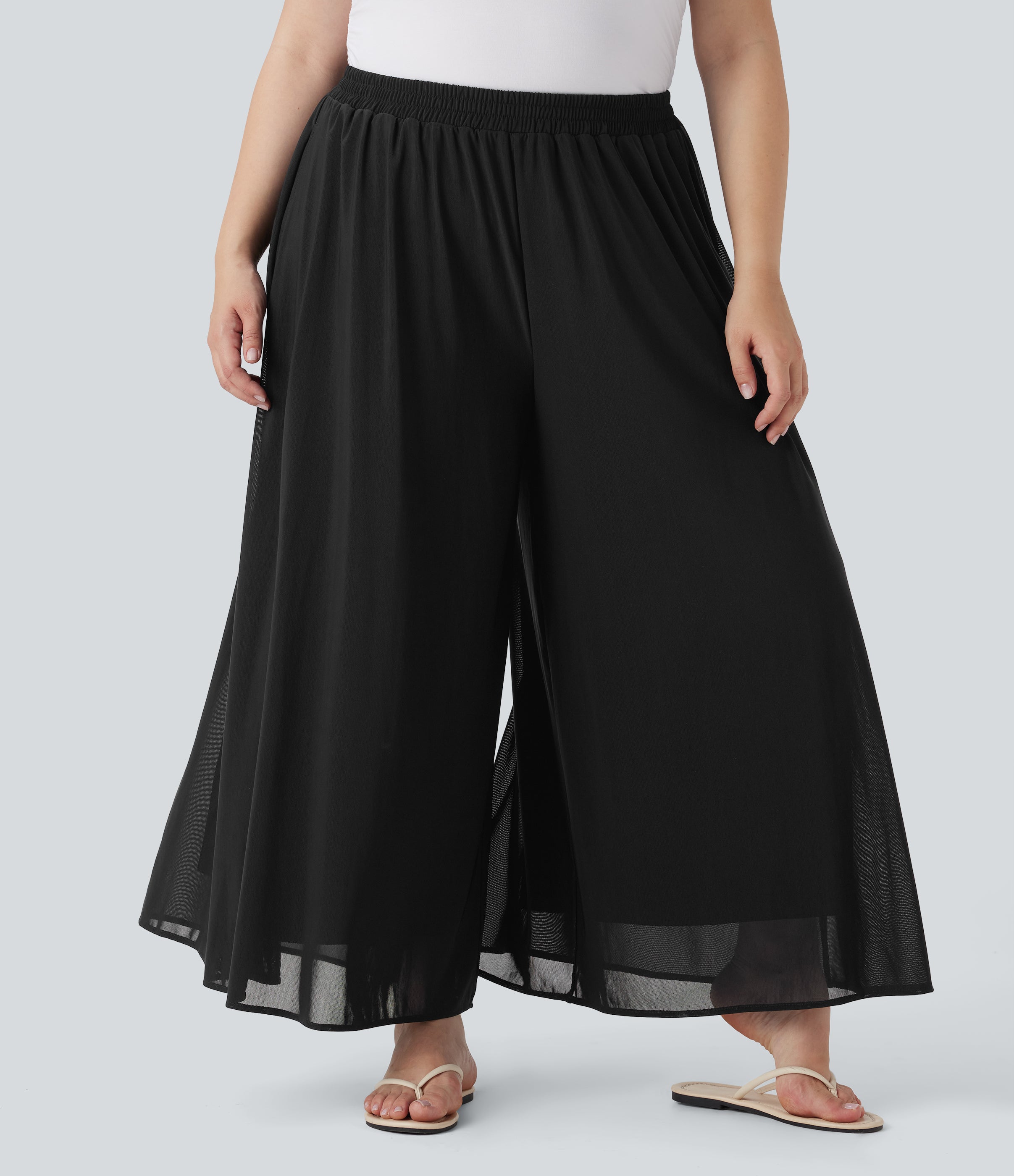 Plus Size High Waisted Mesh Overlay Wide Leg Casual Pants with Pockets