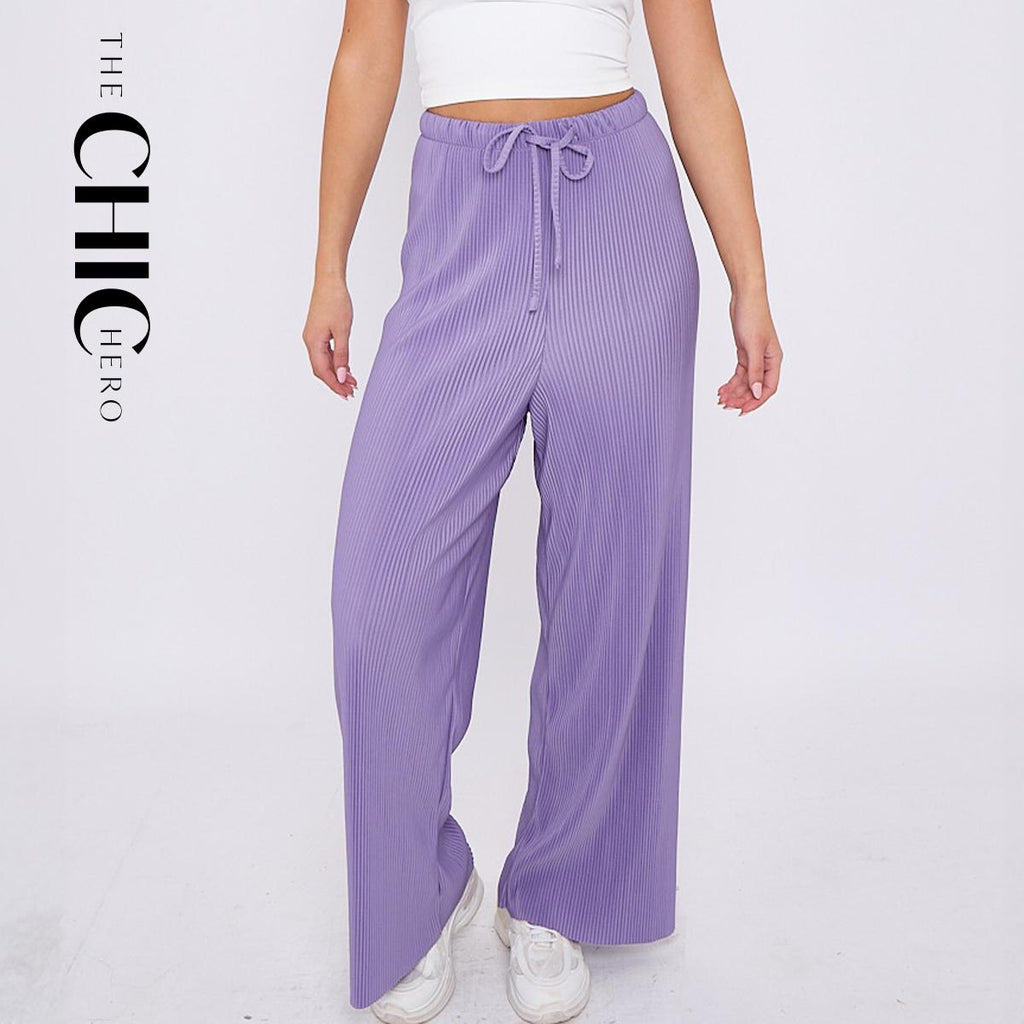 Purple Solid Color Lilac Wide-Leg Drawstring Pants Palazzo Pleated Pants