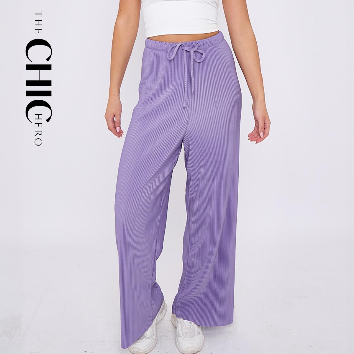 Purple Solid Color Lilac Wide-Leg Drawstring Pants Palazzo Pleated Pants