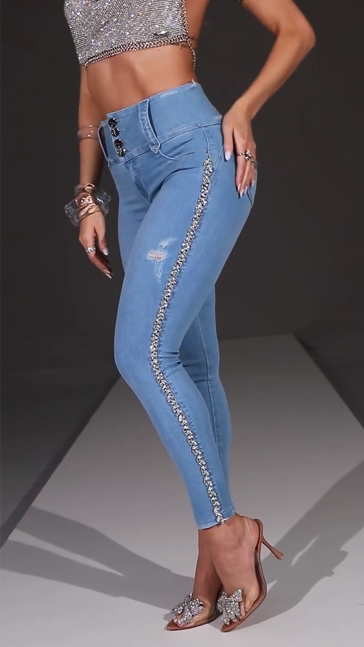 Women High Waisted Side Rhinestone Casual Jeans