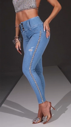 Women High Waisted Side Rhinestone Casual Jeans
