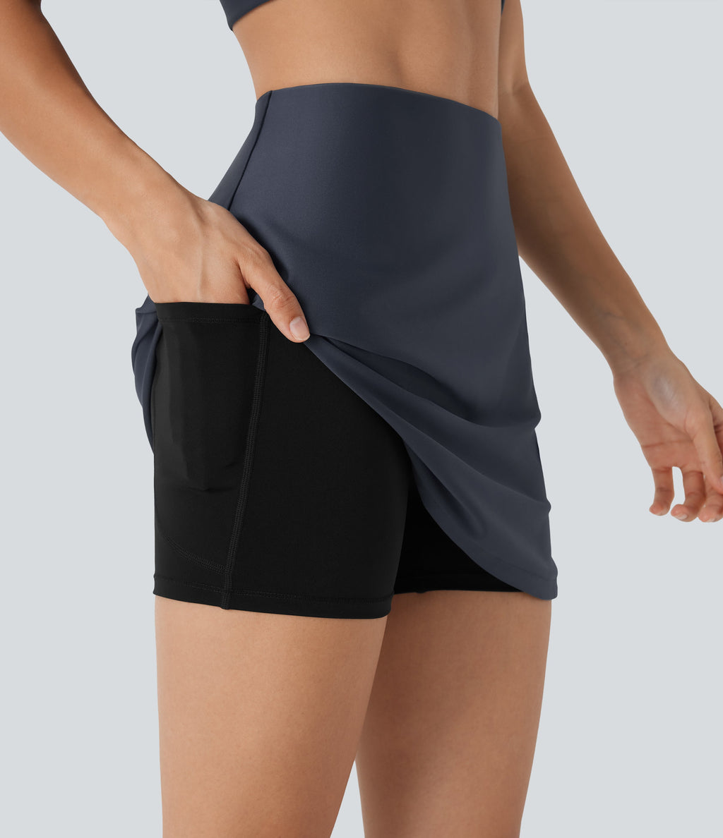 SoCinched High Waisted Tummy Control Butt Lifting Curved Hem 2-in-1 Sheen Yoga Skirt with Pockets