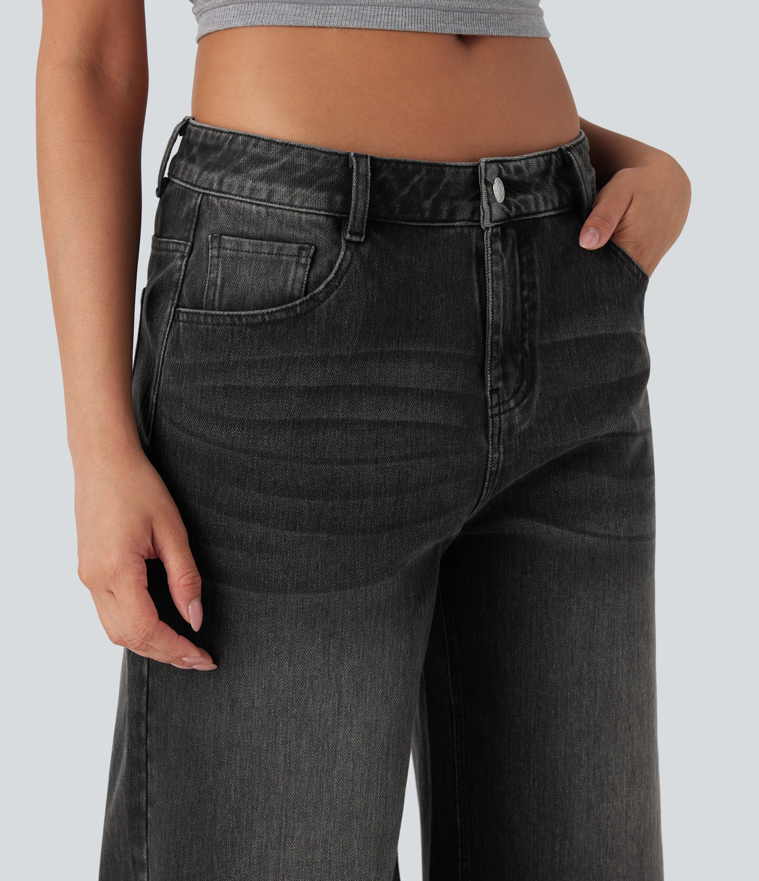 FlexTM Low Rise Washed Casual Capri Baggy Jeans with Pockets