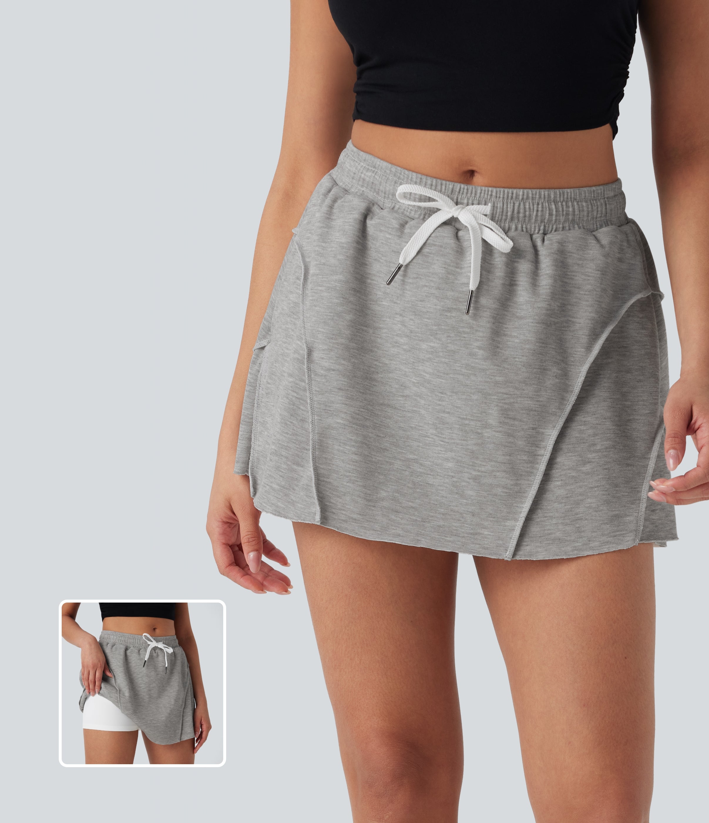 Mid Rise Drawstring 2-in-1 Micro Mini Casual Skirt with Pockets