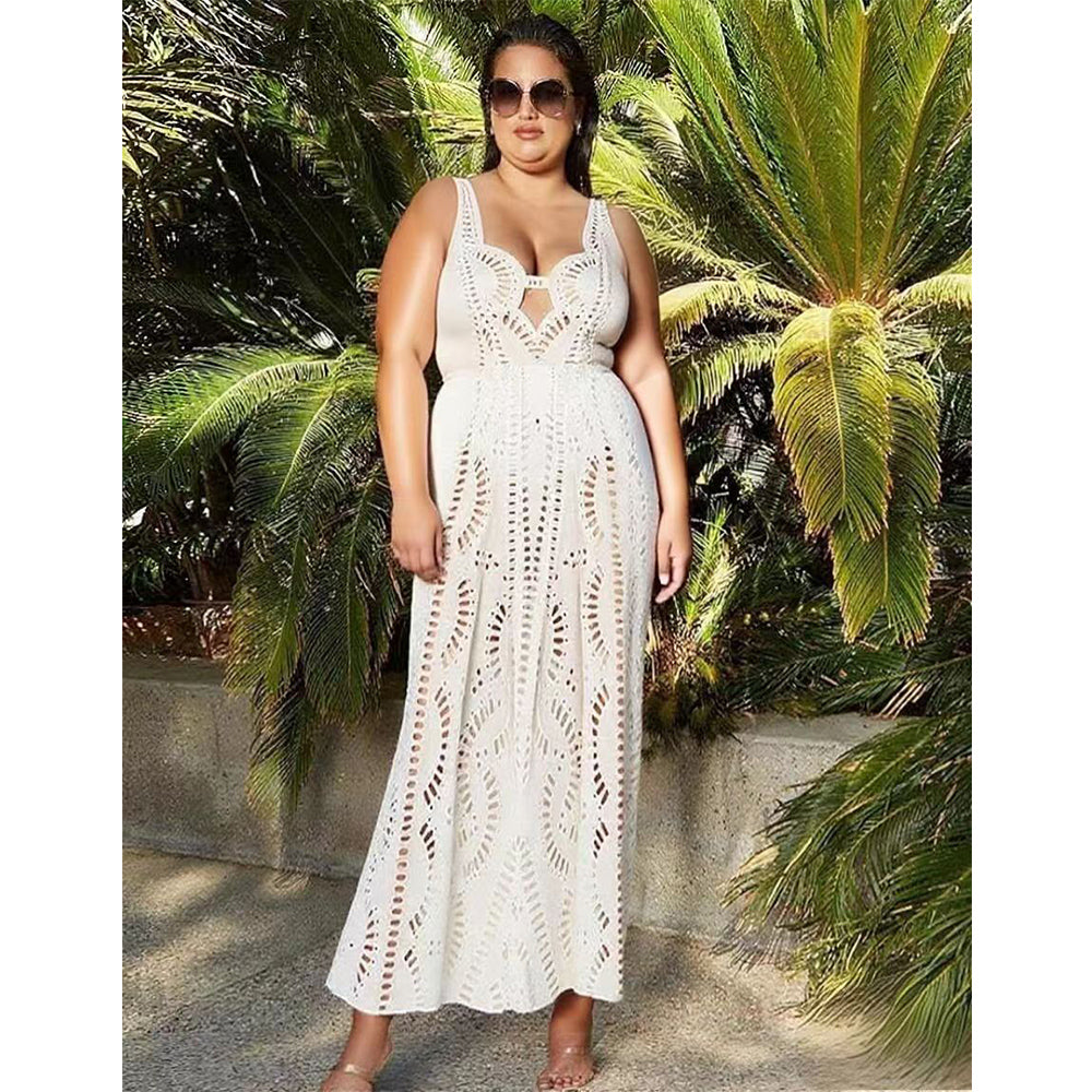 White Sexy Petal Hollow One-Piece V Neck Swimsuit&Skirt