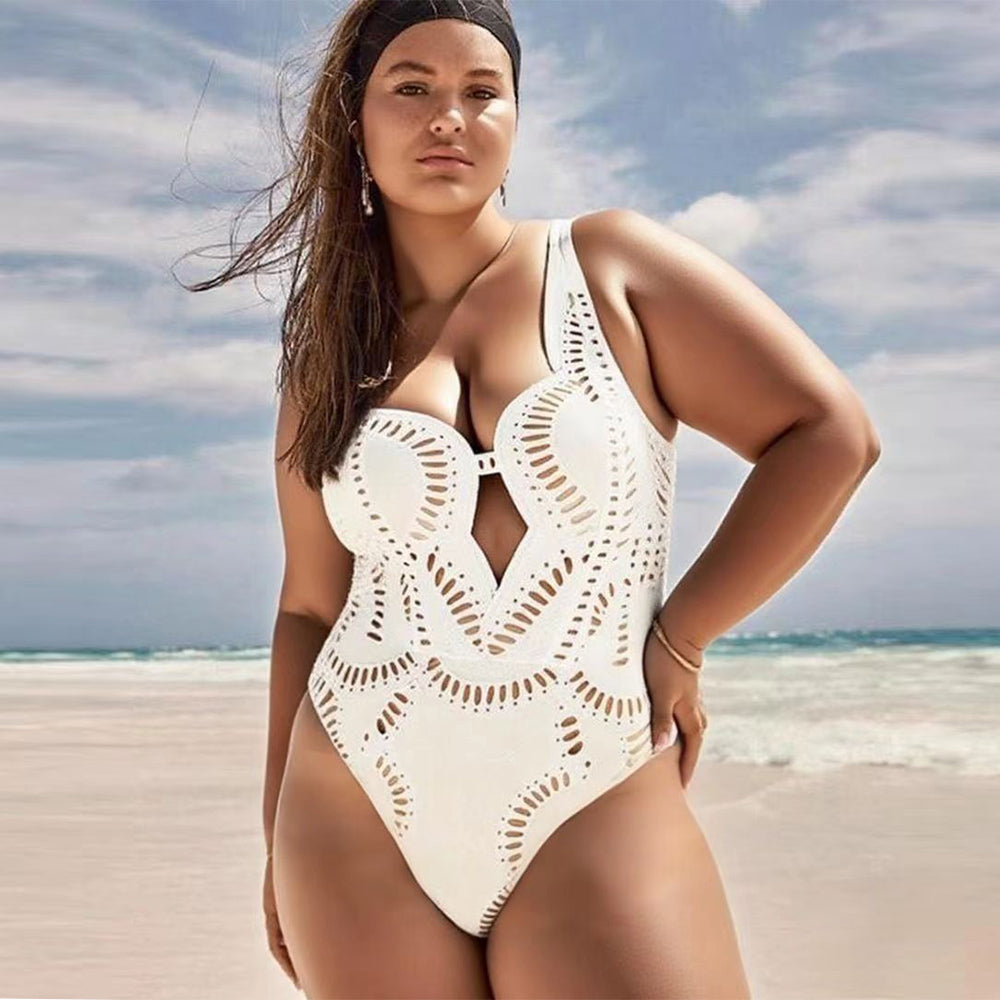 White Sexy Petal Hollow One-Piece V Neck Swimsuit&Skirt