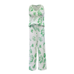 Green Whimsical Illustrated Print Pattern V-Neck Vest Top & Pleated Pants