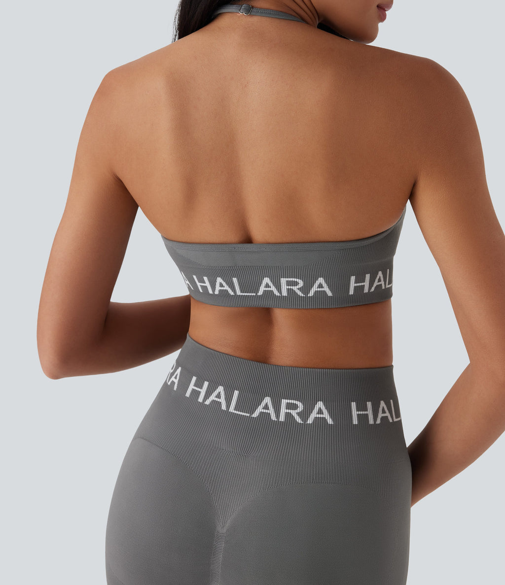 Seamless Flow Low Support Logo Halter Yoga Sports Bra
