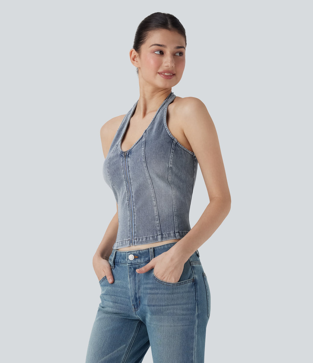 FlexTM Halter Zipper Washed Denim Casual Tank Top