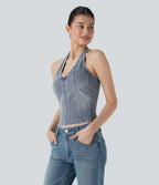 FlexTM Halter Zipper Washed Denim Casual Tank Top