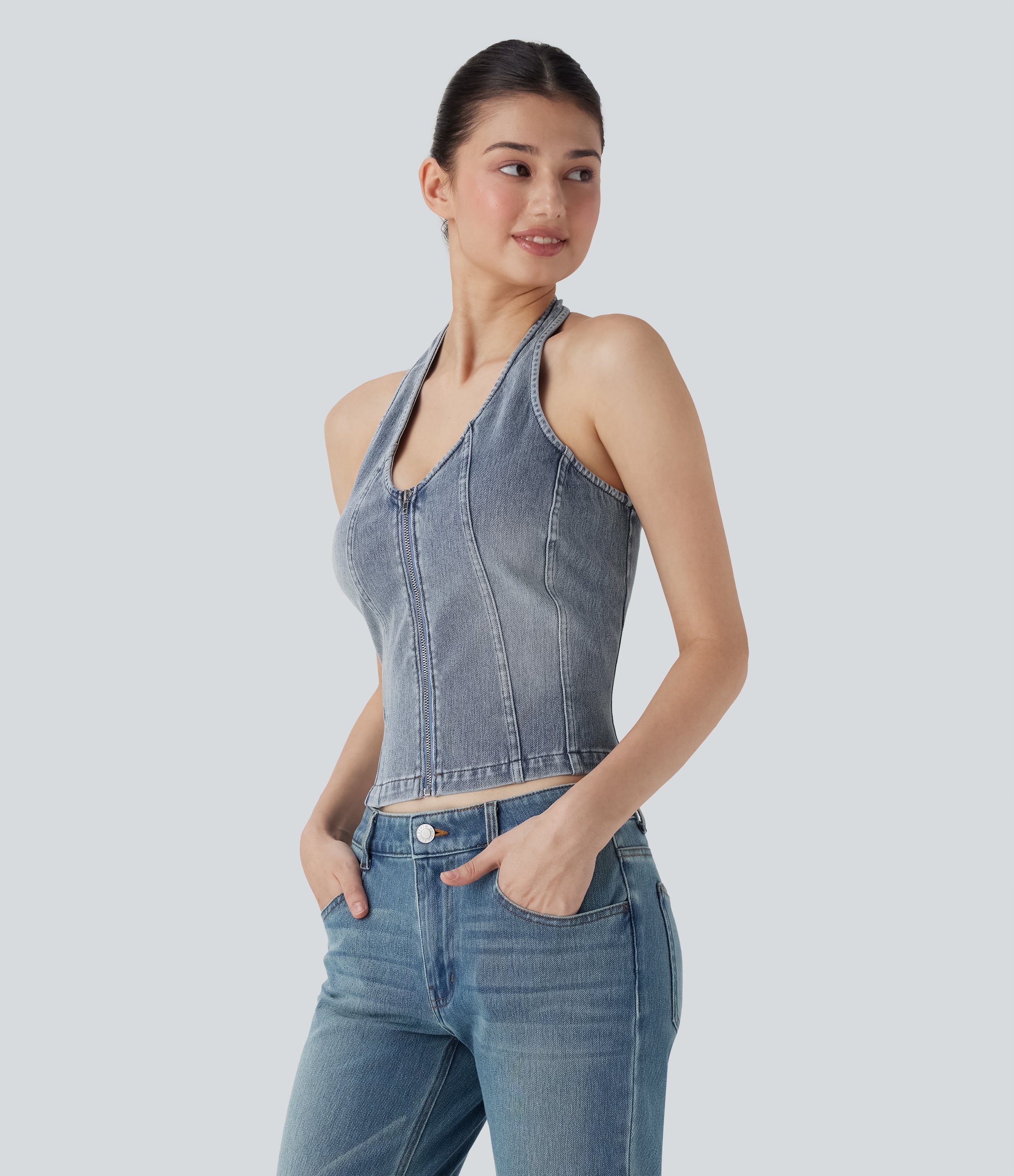 FlexTM Halter Zipper Washed Denim Casual Tank Top