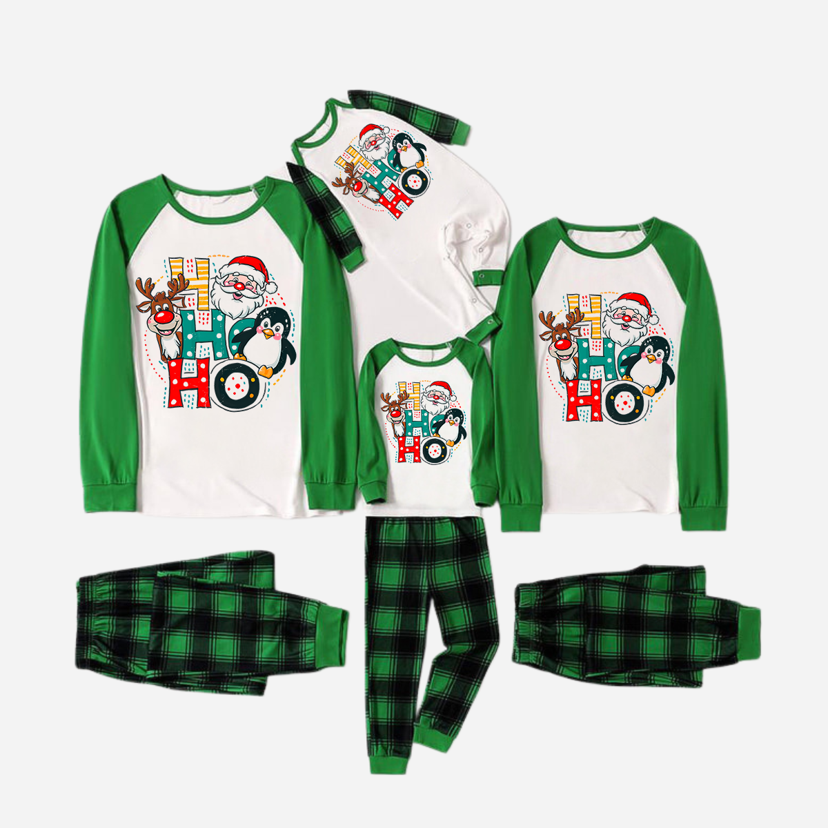 Green Raglan Top Green Plaid Christmas Pajamas Set With "HO HO HO" Pattern Print
