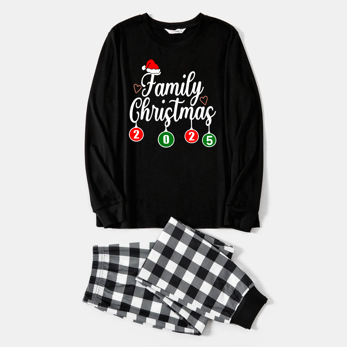 "Family Christmas 2025" Letter Printed Black Long Sleeve Top with Black And White Plaid Pants Family Matching Pajamas