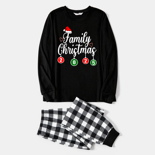 "Family Christmas 2025" Letter Printed Black Long Sleeve Top with Black And White Plaid Pants Family Matching Pajamas