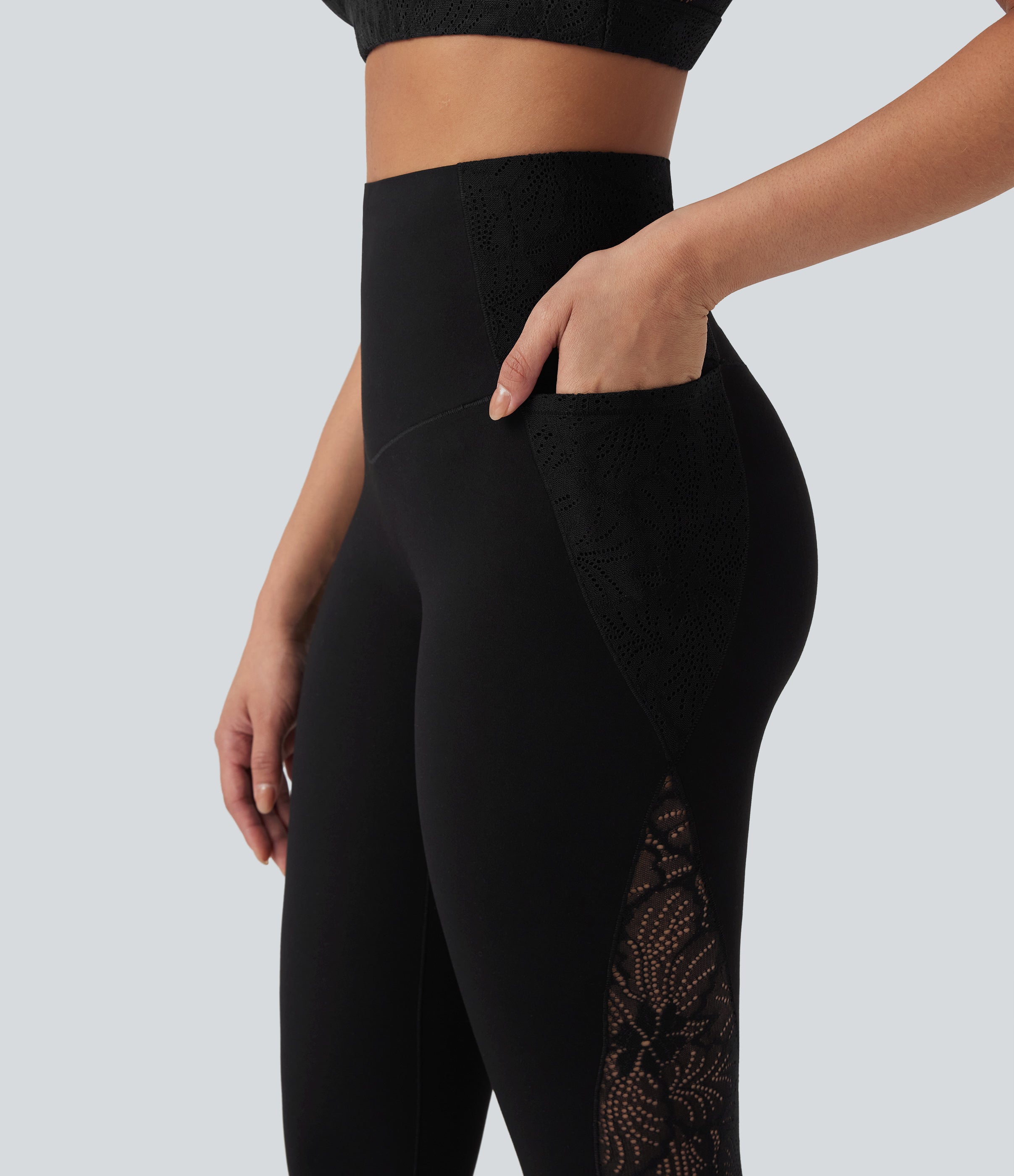 UltraSculptTM SoCinched High Waisted Tummy Control Contrast Lace Shaping Training Leggings with Pockets