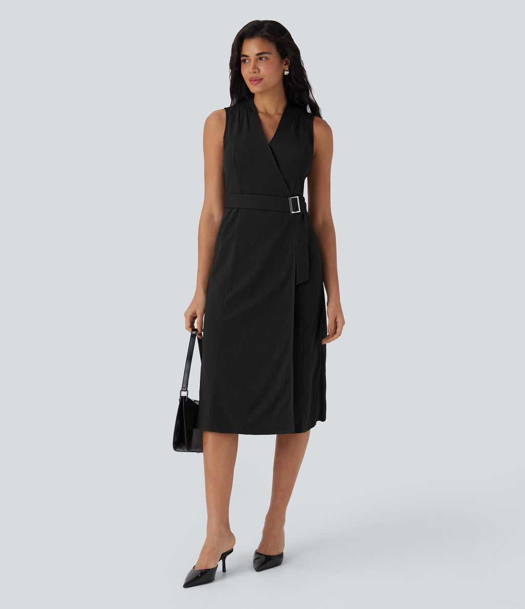 Anti-wrinkle V Neck Sleeveless Wrapped Belted Midi Travel Dress with Pockets