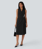 Anti-wrinkle V Neck Sleeveless Wrapped Belted Midi Travel Dress with Pockets