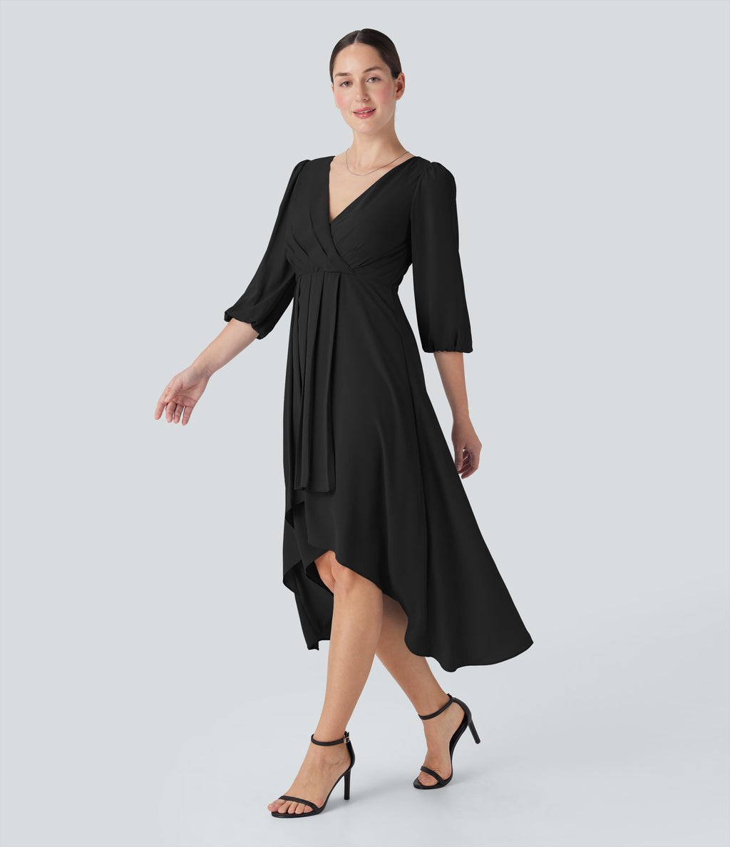 V Neck 3/4 Sleeve Pleated High Low Midi Casual Dress