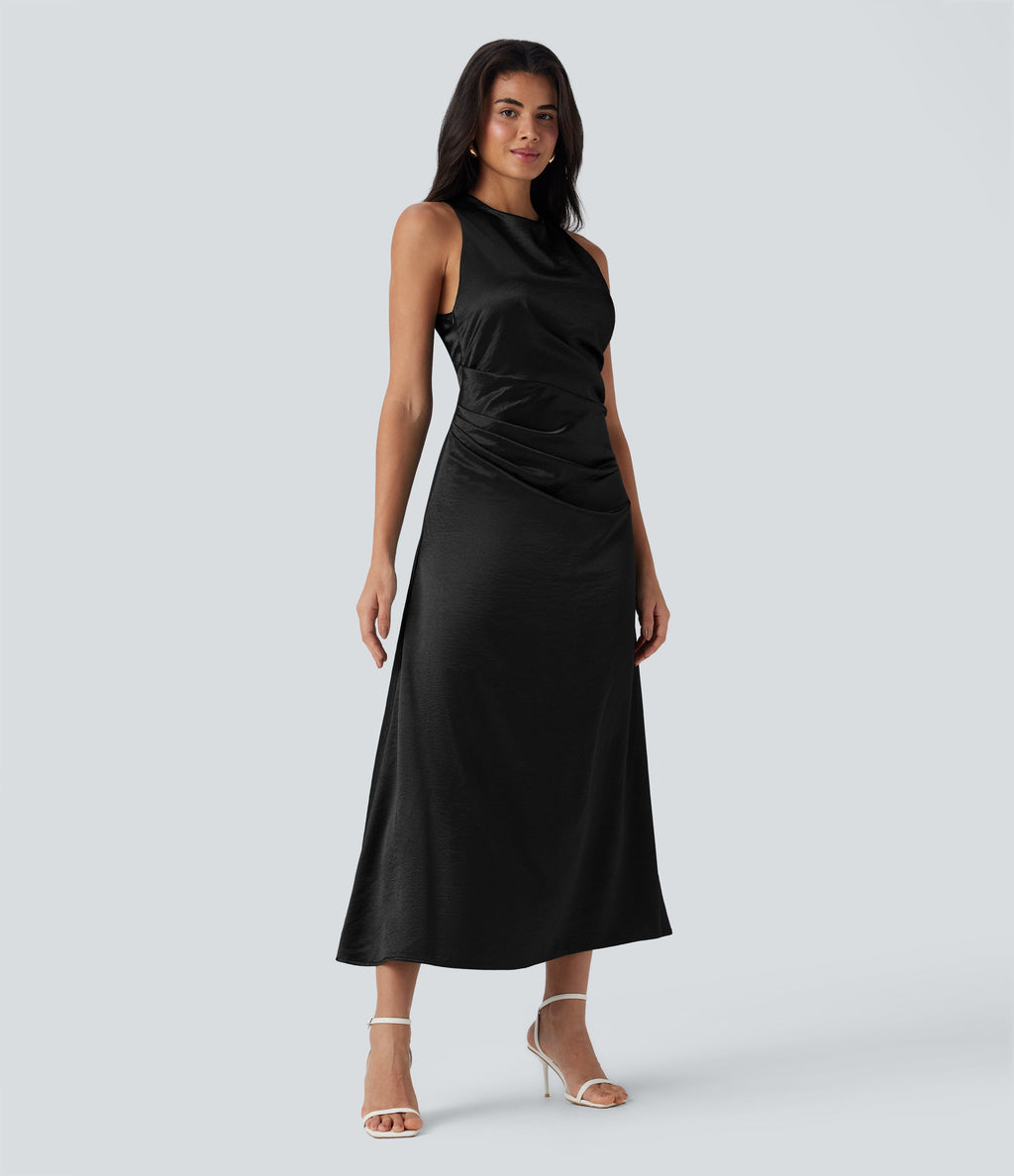 Tie Back Ruched Maxi Satin Dress