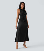 Tie Back Ruched Maxi Satin Dress