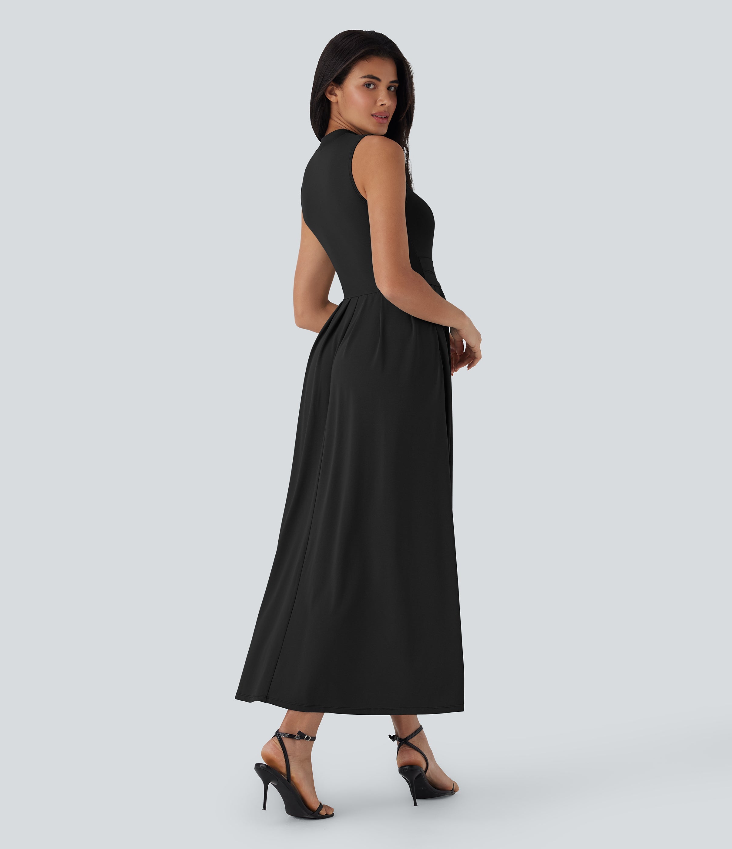 Stand Collar Sleeveless Flare Maxi Casual Dress with Pockets