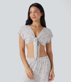 Tie Front Short Sleeve Leopard Print Cropped Lounge Top