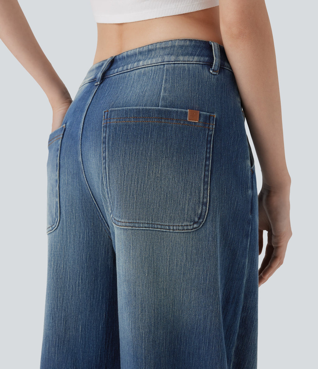 FlexTM Low Rise Wide Leg Washed Casual Jeans with Pockets