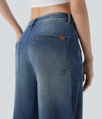 FlexTM Low Rise Wide Leg Washed Casual Jeans with Pockets
