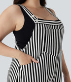 Plus Size Stripe Waffle Overalls with Pockets