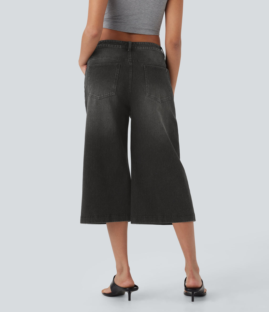 FlexTM Low Rise Washed Casual Capri Baggy Jeans with Pockets