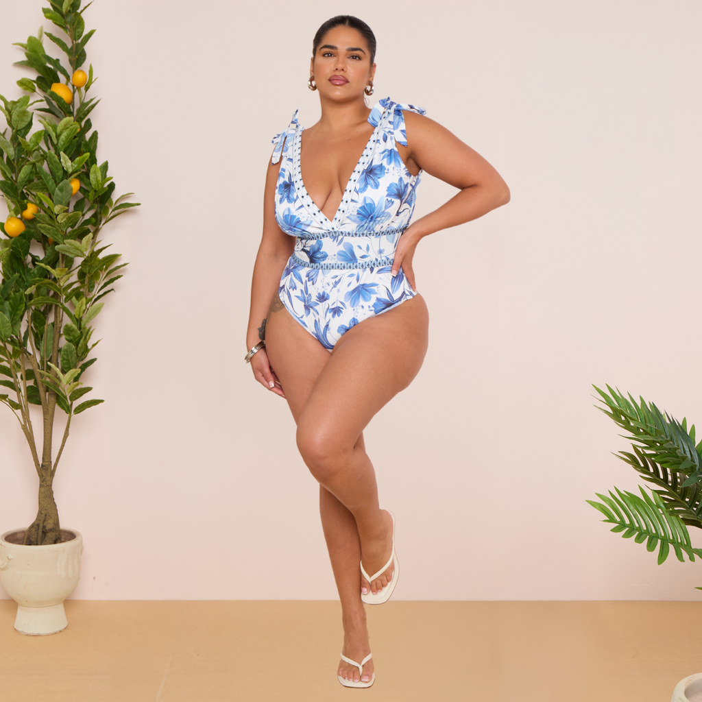 V Neck Lace Up Boho Breeze Blue Floral Swimsuit