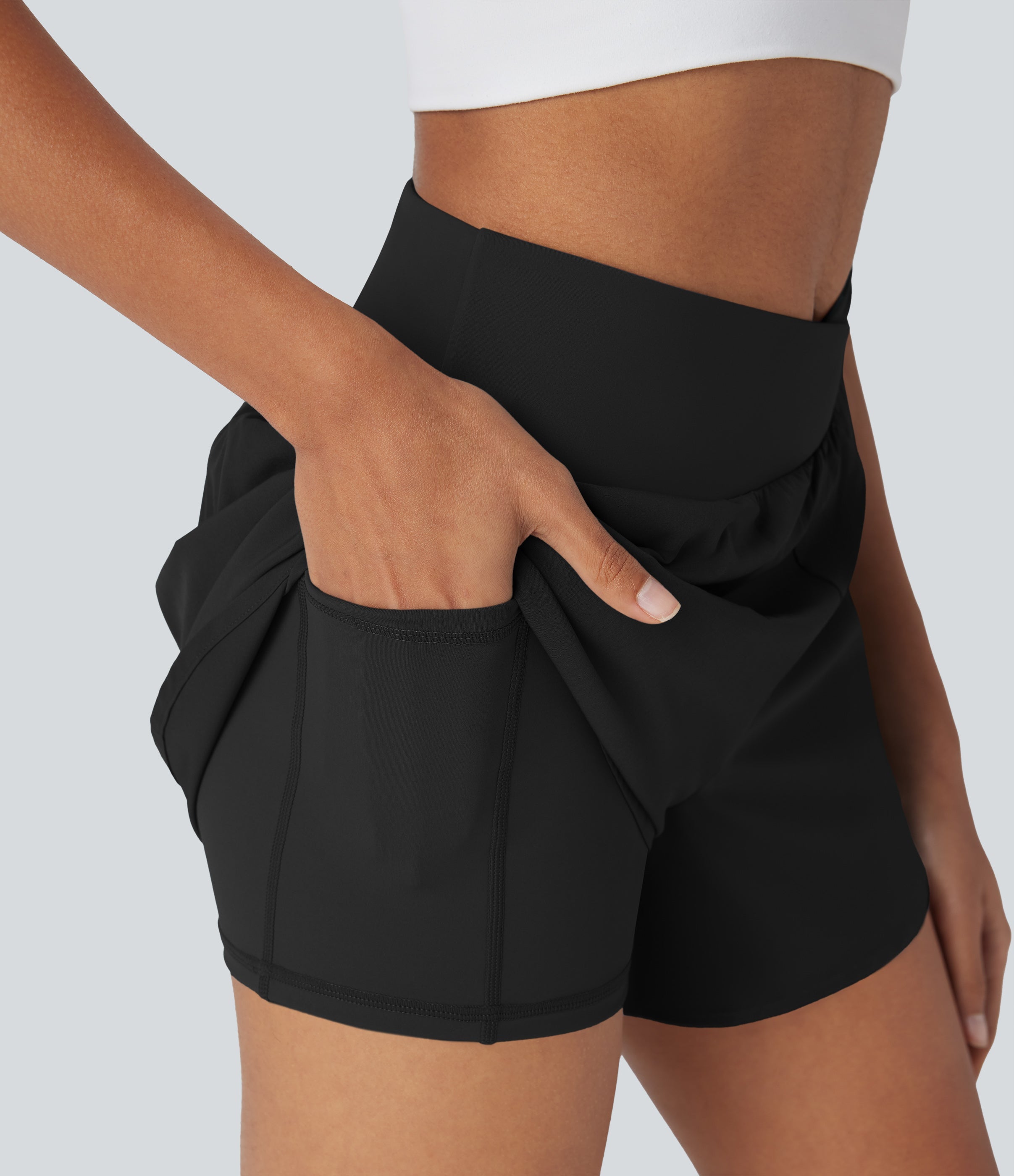 BreezefulTM High Waisted Crossover 2-in-1 Quick Dry Yoga Shorts with Pockets