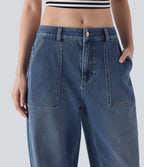 FlexTM Low Rise Rolled Hem Washed Casual Baggy Jeans with Pockets