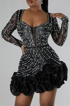 Hot Drilling Beads Decor Long Sleeve Ruffled Patchwork Mini Dresses-Pink