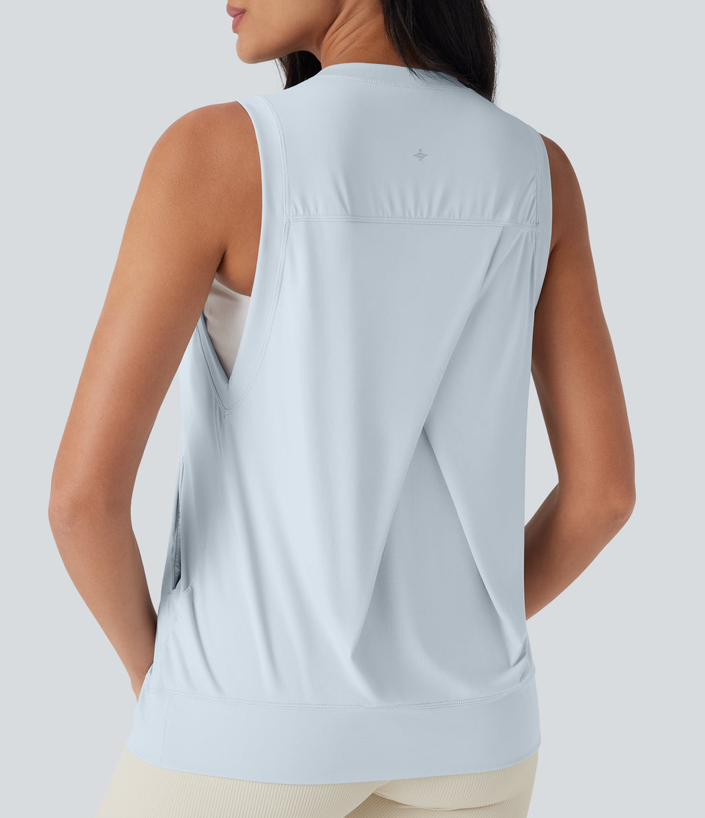 Round Neck Cool Touch Yoga Tank Top with Pockets-UPF50+