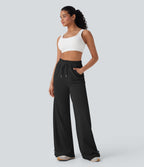 High Waisted Drawstring Cinchable Hem Wide Leg Casual Pants with Pockets