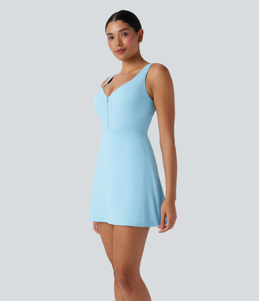 SoftlyZeroTM Plush Push-Up Molded Cups Zipper 2-in-1 Yoga Active Dress with Pockets-Easy Peezy
