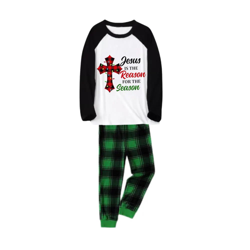 Black Raglan Top Green Plaid Christmas Pajamas Set With "Jesus Is The Reason For The Season" Slogan Print