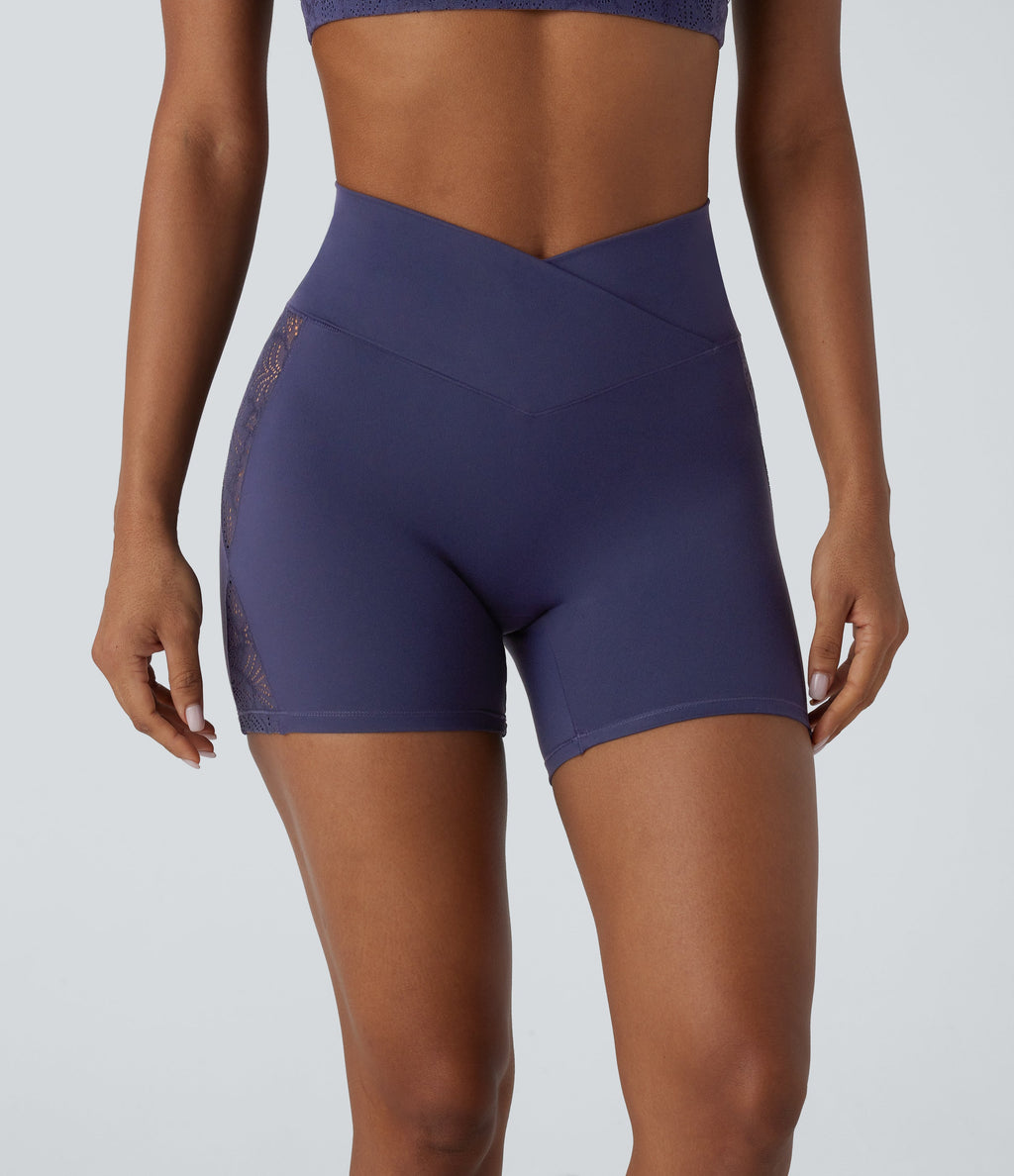 SoftlyZeroTM High Waisted Crossover Contrast Lace Built-in Underwear Yoga Biker Shorts 5'' with Pocket-UPF50+