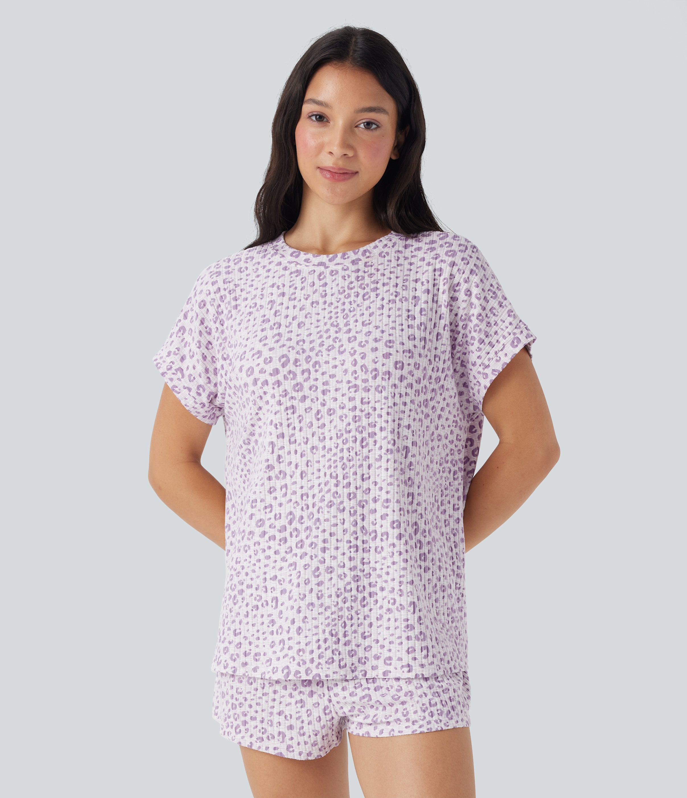 Round Neck Short Sleeve Leopard Print Lounge Top